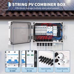 1pc 6 String PV Combiner Box, DC 500V 15A Fuse Solar Combiner Box Plastic Wate