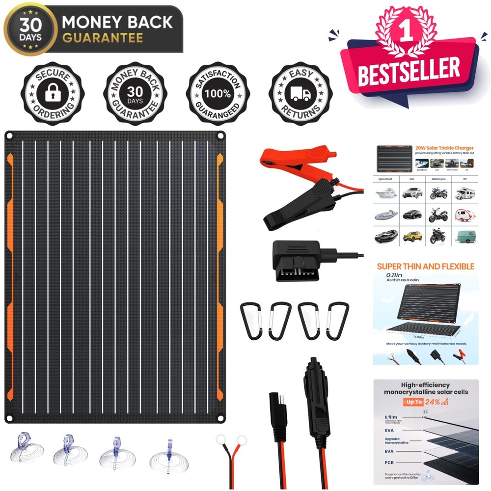 Universal 20W Solar Battery Charger with Alligator Clips & Smart Controller