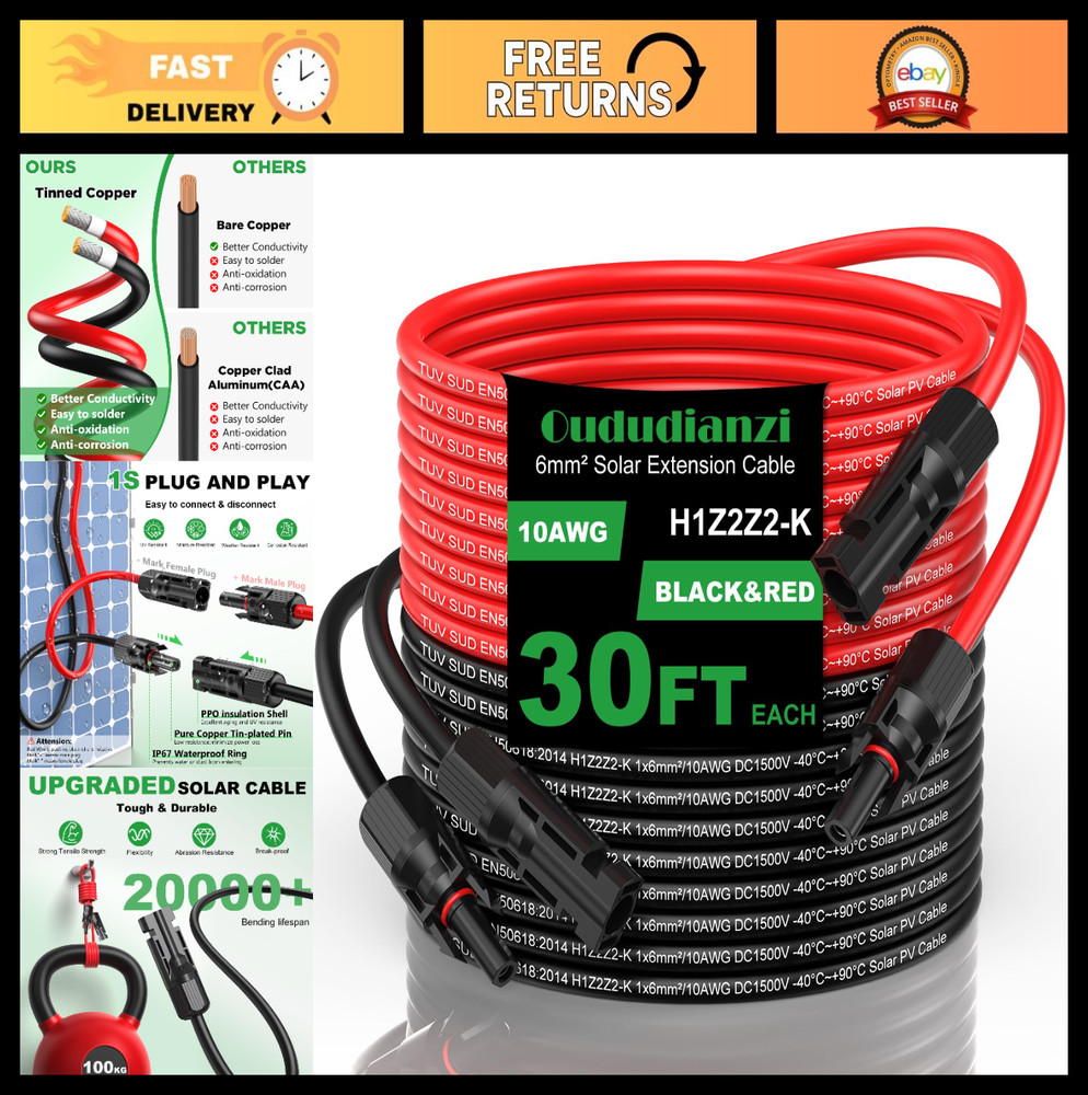 30Ft Solar Extension Cable 10AWG, Tinned Copper PV Wire, Waterproof Connectors f