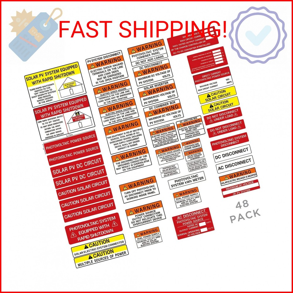 CDXHOME 48 Pack PV Solar System Install Label Kit,Photovoltaic Safety Stickers,P