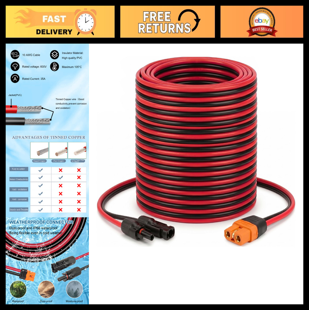 35FT 10AWG Solar Panel XT60i Connector Cable – Extension for Portable Power Stat