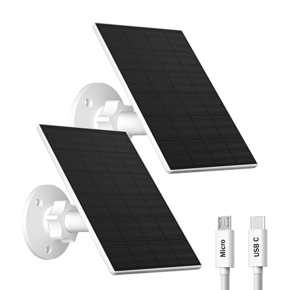 Solar Panel for Security Camera, 2 Pack 2W Solar Charger with Micro USB & USB-C
