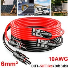 50ft Black + 50ft Red 10AWG Solar Panel Extension Cable Flexible Wire Connectors
