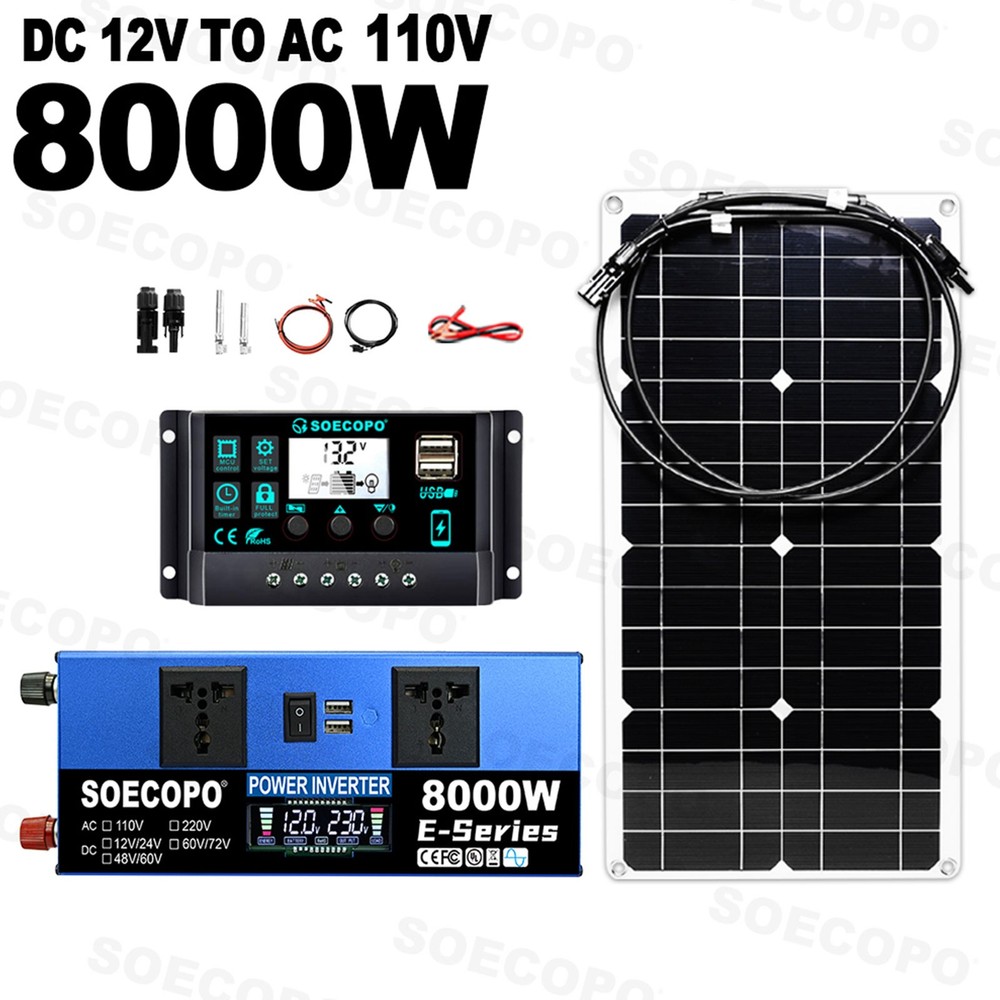 SOECOPO 8000W Peak Solar System Kit Flexible Panel 100A Controller 12V 110V 220V