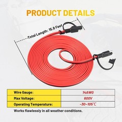 15ft 14AWG SAE Extension Cable, 2 Pin Quick Disconnect for Solar Panel & Battery