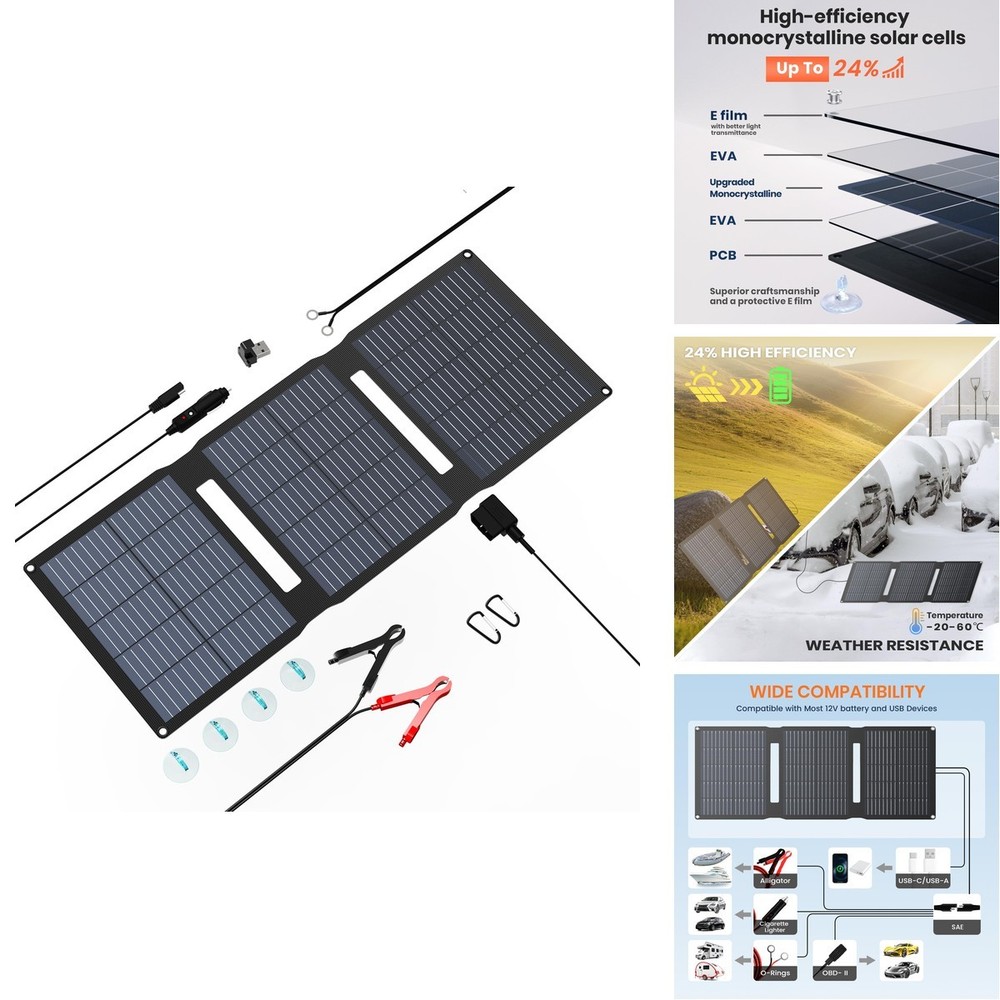 FlexSolar 28W Foldable Solar Panel Trickle Charger 12V DC USB O-Rings OBDII