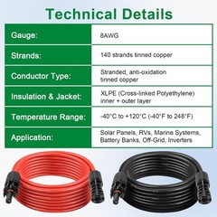 Solar Extension Cable 8AWG 15FT 2-Pack (Red + Black), PV Wire with Male/Female S