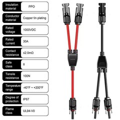 2Pcs Y Branch Solar Connector 30A 1000V PV Panel Cable Wire Parallel Adapter