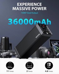 Portable PowerStation 150W, 133.2Wh/36000mAh Fast Charging with 5 Outputs AC Opt