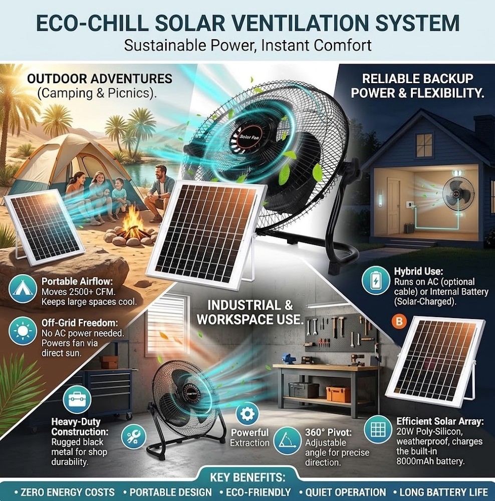 15000Mah 12 Inch Solar Panel Powered Fan, 2 in 1 Solar Panel or AC Charger Power