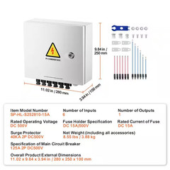6 String PV Combiner Box DC 500-Volt with 15A Fuses 125A Breaker 40Ka Surge Prot