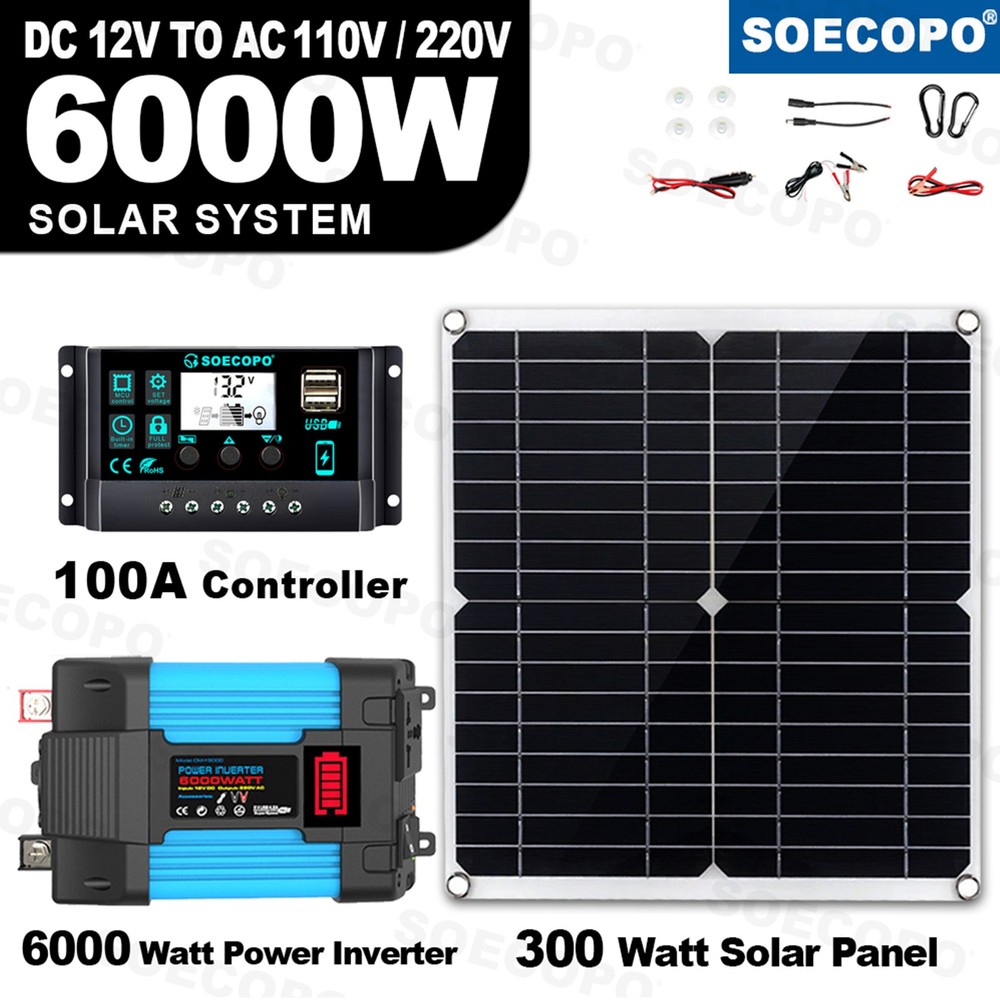 6000W Solar Power System 100A MPPT Controller 300W Panel 12V to 110V/220VcAiyaQ