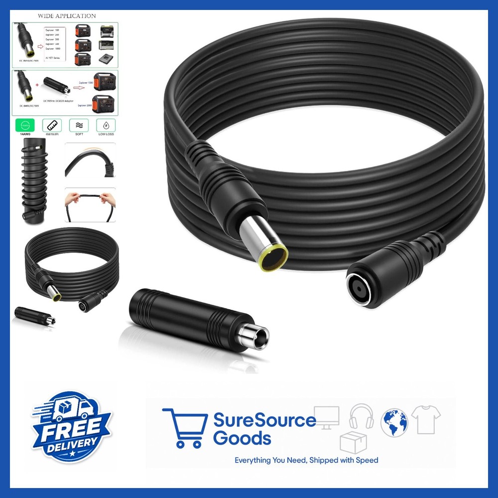 Extension Cable 20Ft 14AWG with DC7909 to DC8020 Adapter for Power Stations