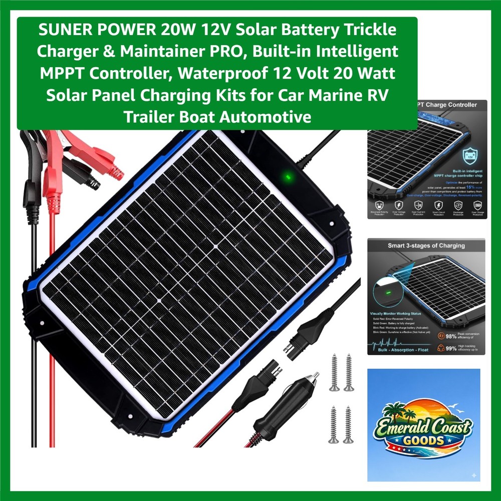 High-Efficiency 12V Solar Charger – 20W Trickle Charger for Automotive & Marine