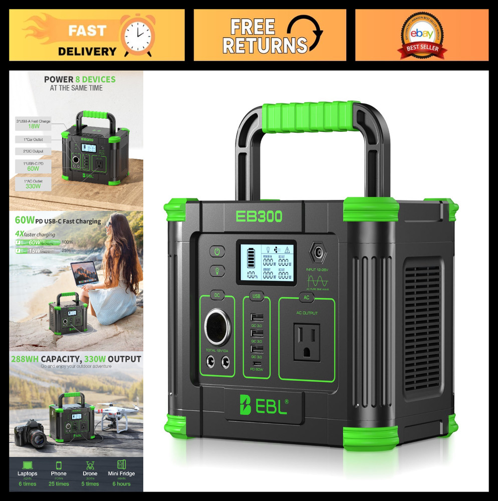 Portable Power Station 330W 288.6Wh Solar Generator, USB-C PD, Wireless Charger,