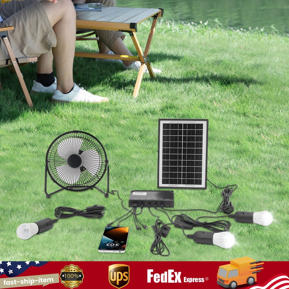 Solar Power Panel Kit Outdoor Camping USB Charging System W/ LED Light + 8″ Fan