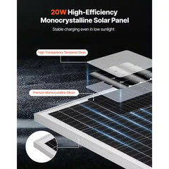 12V 20W Solar Battery Charger, 1.28 Ft. Monocrystalline Silicon Solar Panel Sing