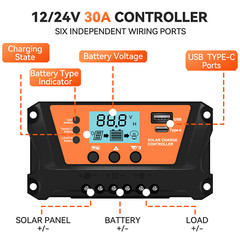 30A 12V/24V Solar Panel Battery Charge Controller Auto Regulator LCD USB Type-C