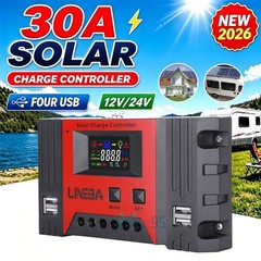 30A 12V/24V Solar Panel Battery Charge Controller LCD Auto Regulator Four USB US
